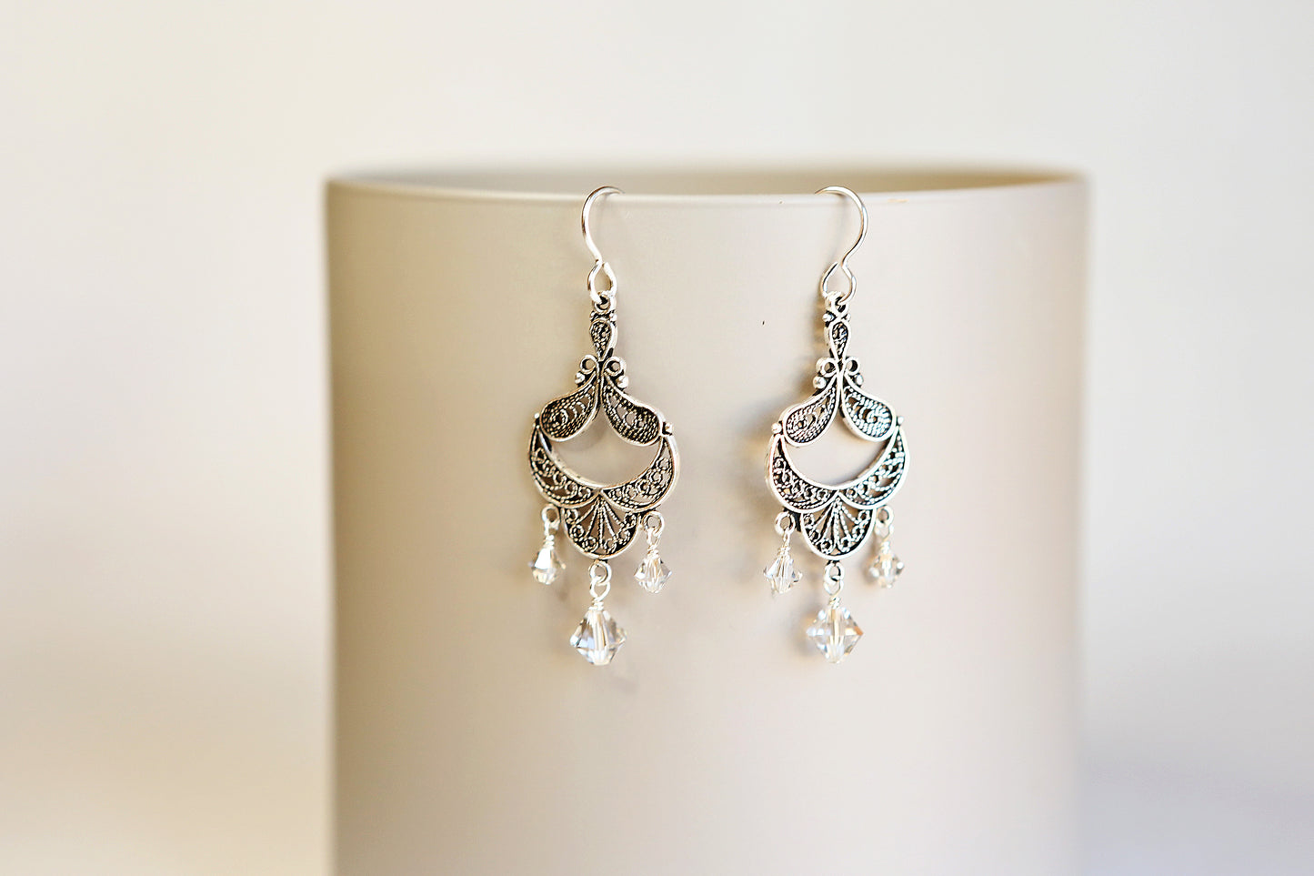 Earrings, Antiqued Silver Art Deco Crystal Chandelier Earrings