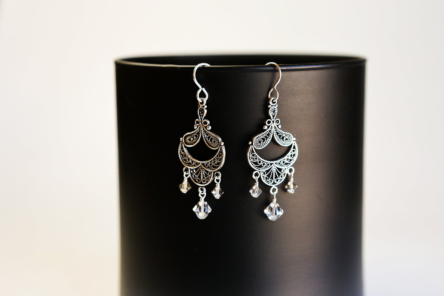 Earrings, Antiqued Silver Art Deco Crystal Chandelier Earrings