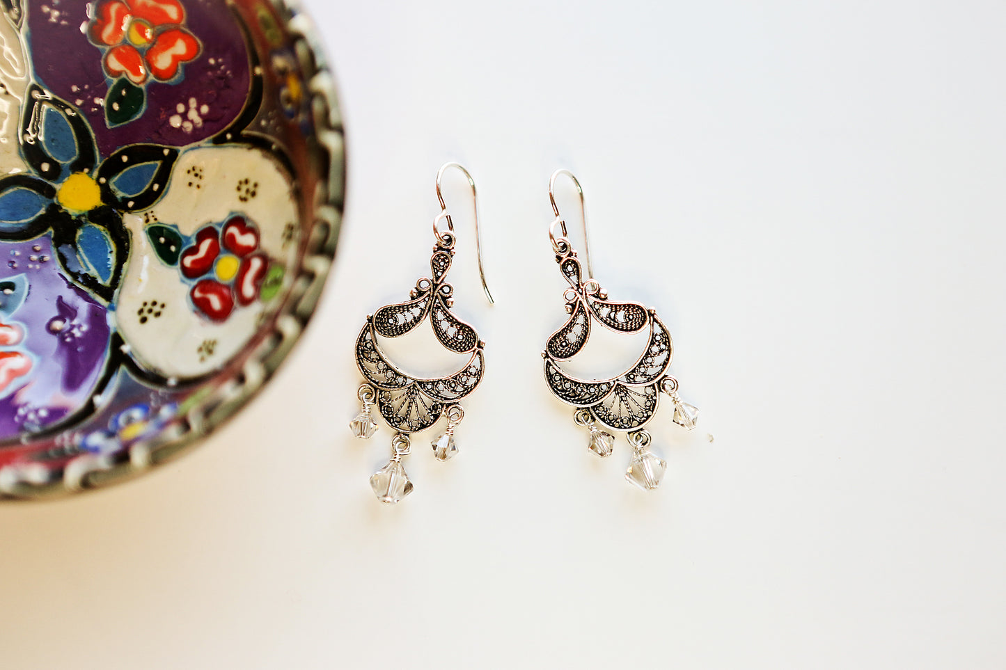 Earrings, Antiqued Silver Art Deco Crystal Chandelier Earrings