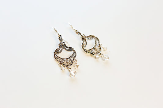 Earrings, Antiqued Silver Art Deco Crystal Chandelier Earrings