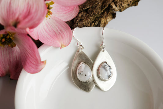 Earrings, Dendritic Opal Gemstone Dangle Earrings in Silver