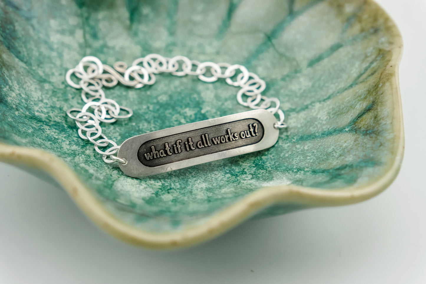 Bracelet, Embossed "What if it all works out?" Sterling Word Bracelet