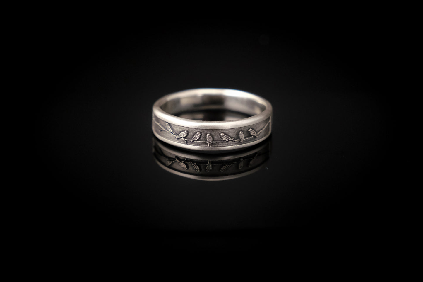 Ring, Engraved "Birds on a wire" Sterling Silver Ring