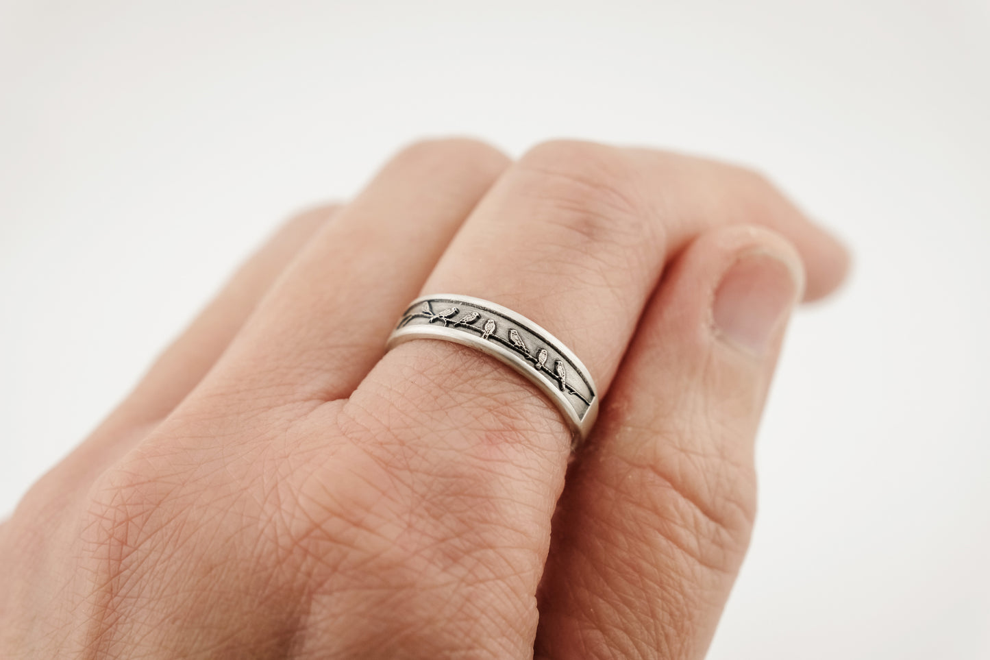 Ring, Engraved "Birds on a wire" Sterling Silver Ring