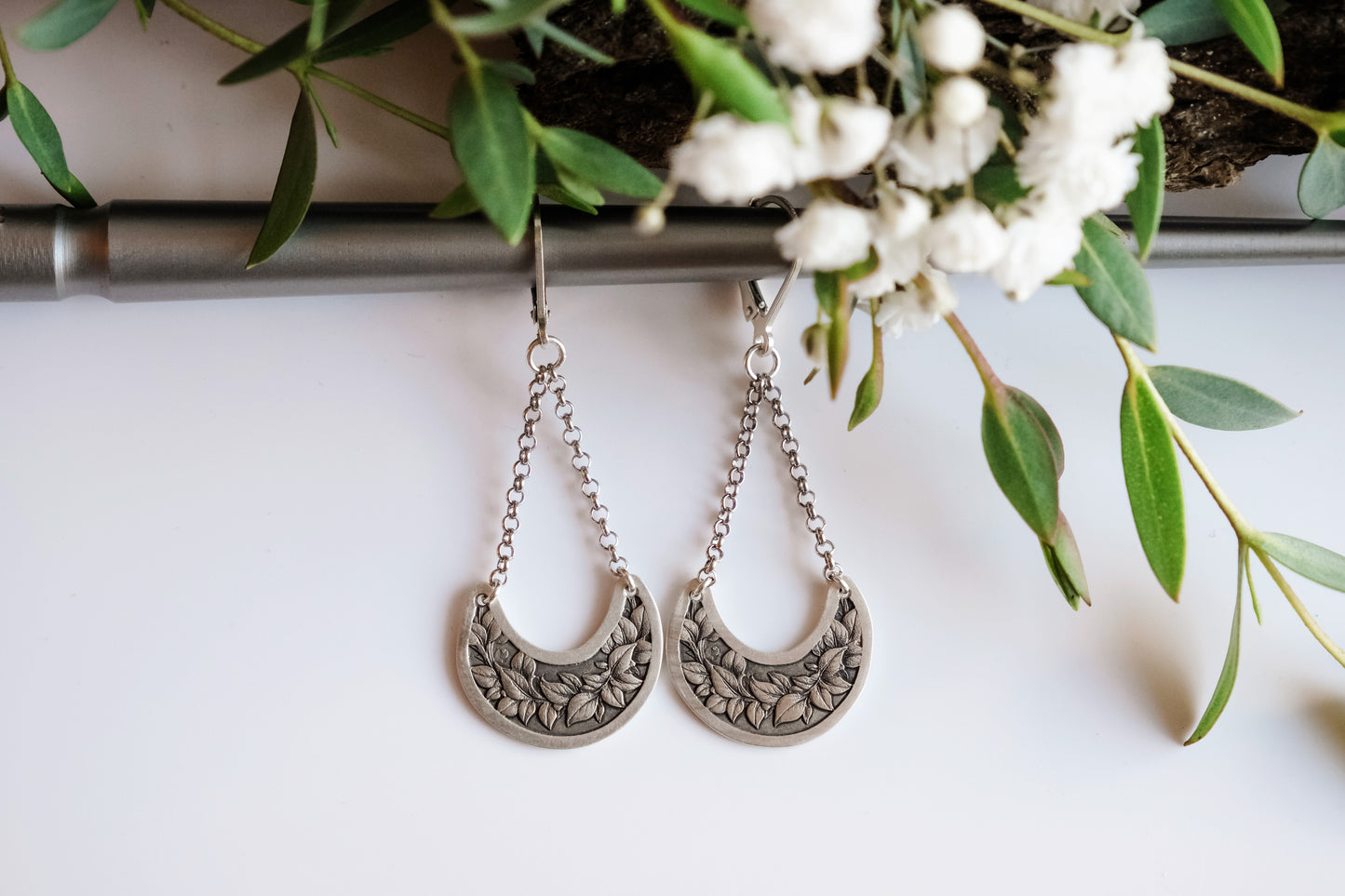 Earrings, Engraved Crescent Dangle Earrings