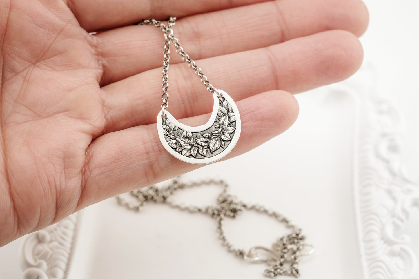 Necklace, Engraved Crescent Necklace