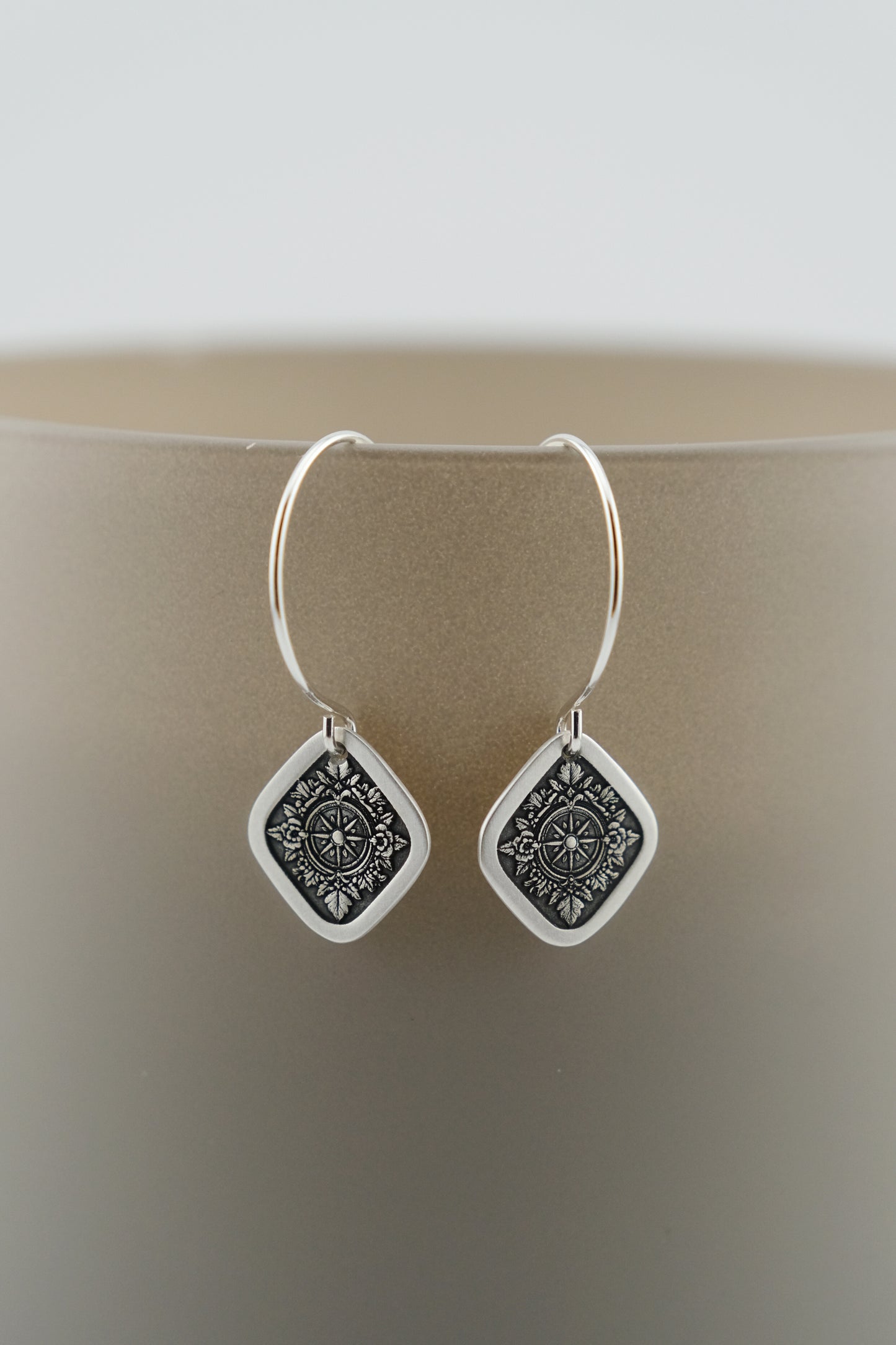 Earrings, Engraved Diamond Compass Earrings