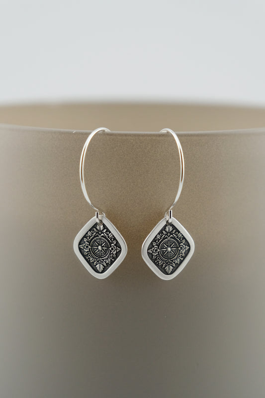 Earrings, Engraved Diamond Compass Earrings