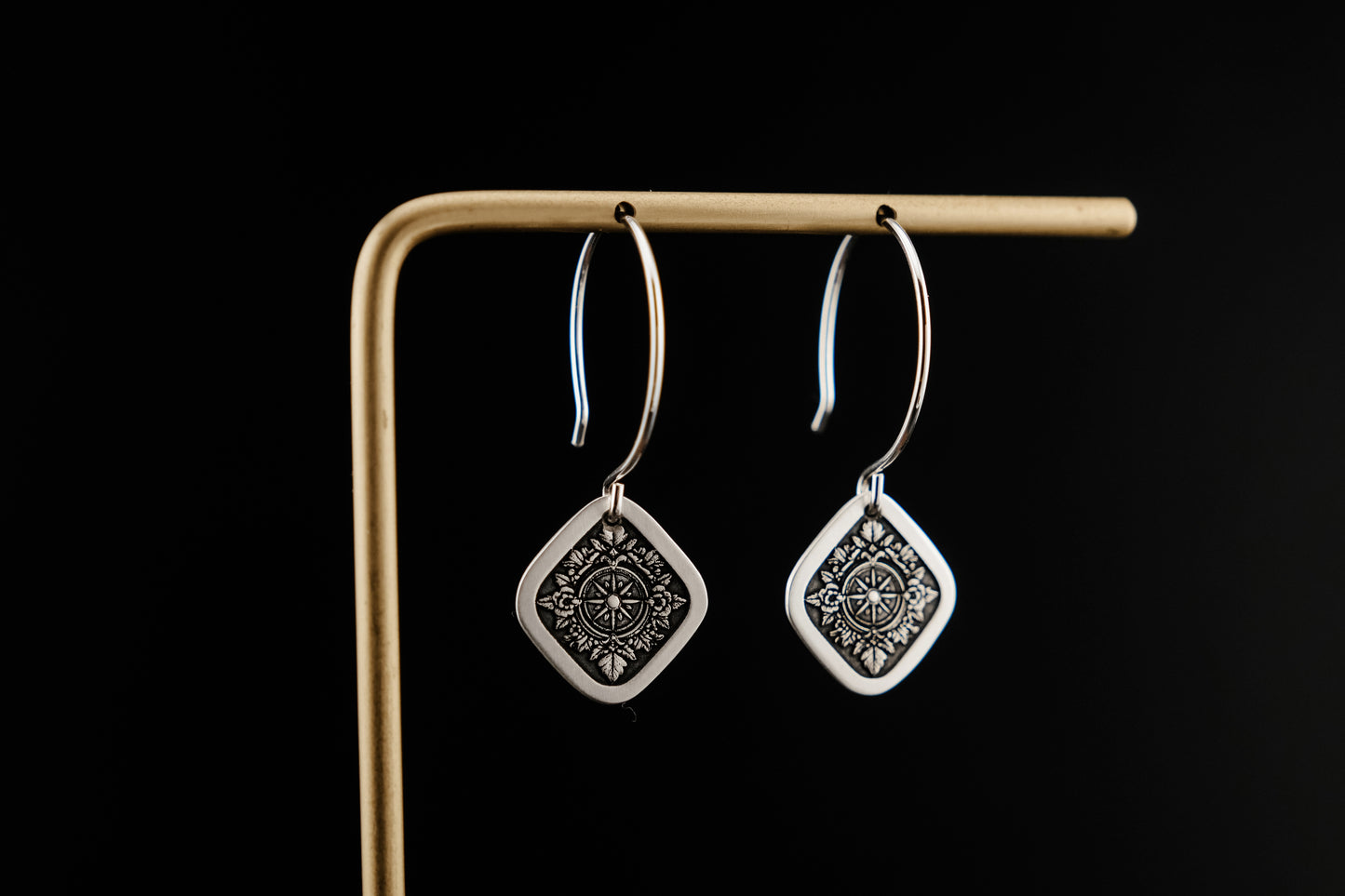 Earrings, Engraved Diamond Compass Earrings