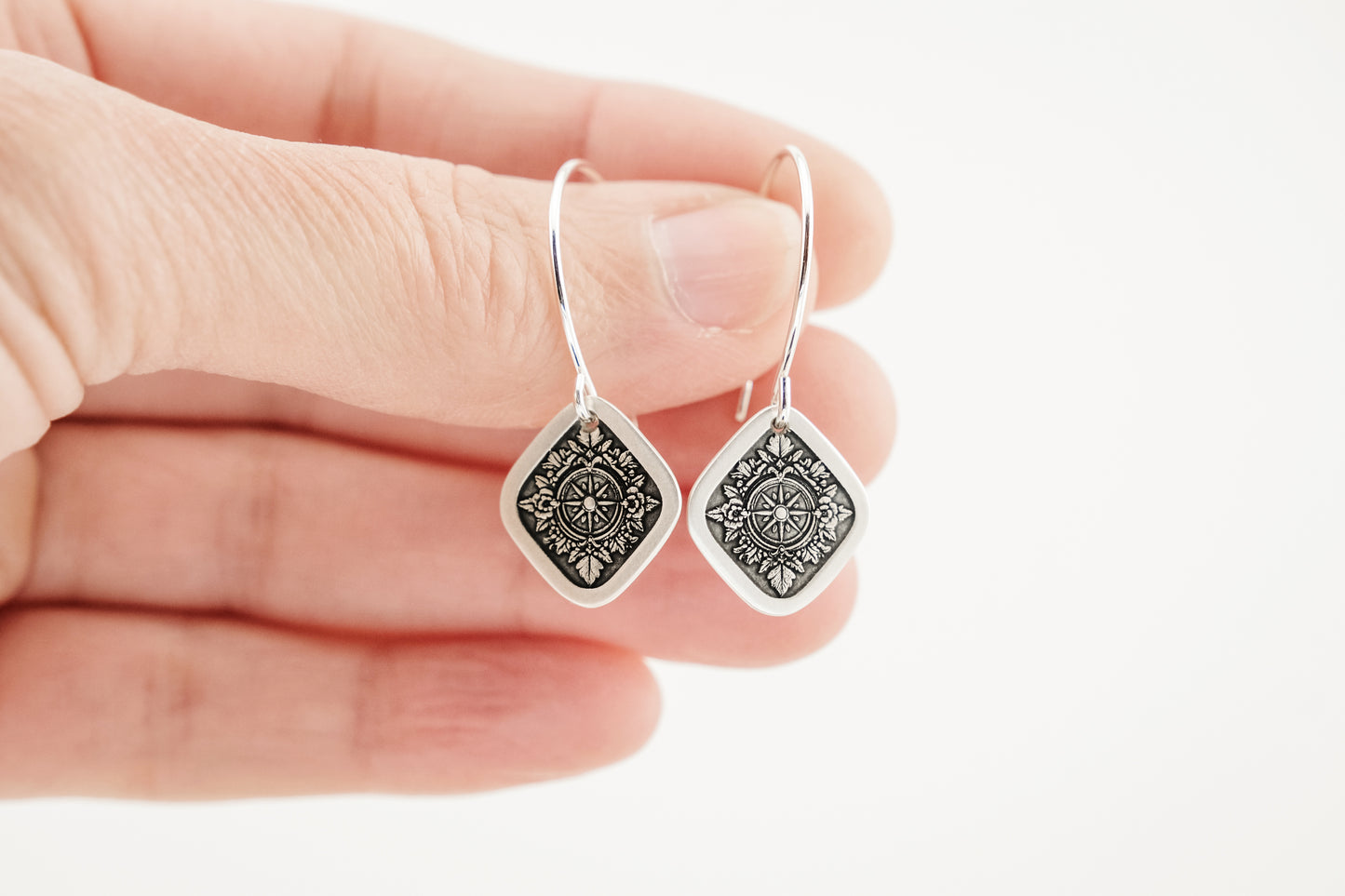 Earrings, Engraved Diamond Compass Earrings