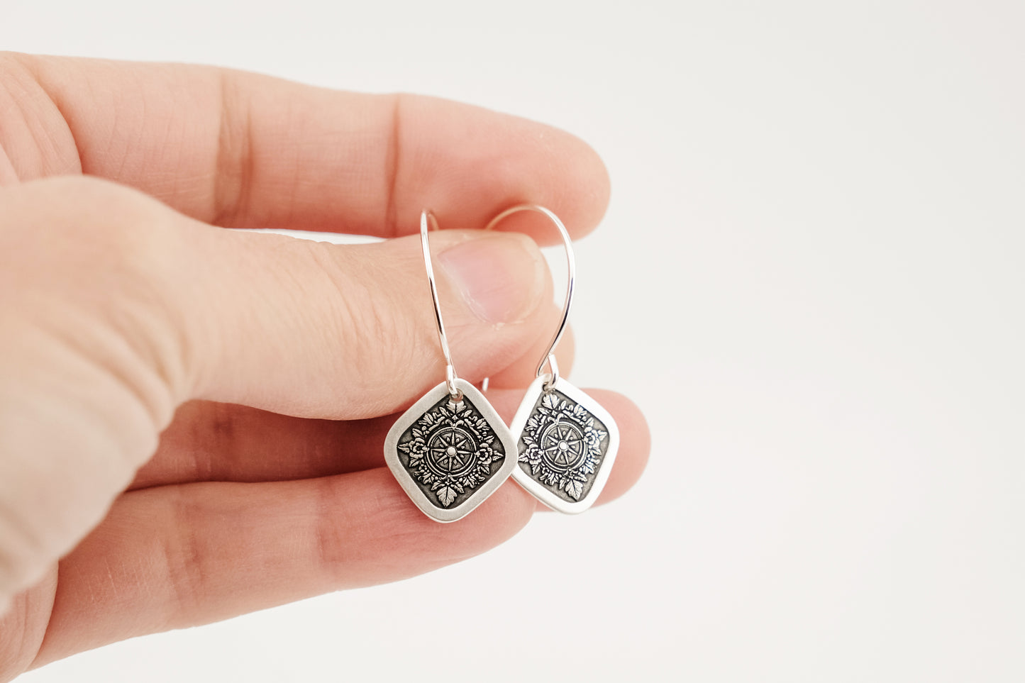 Earrings, Engraved Diamond Compass Earrings