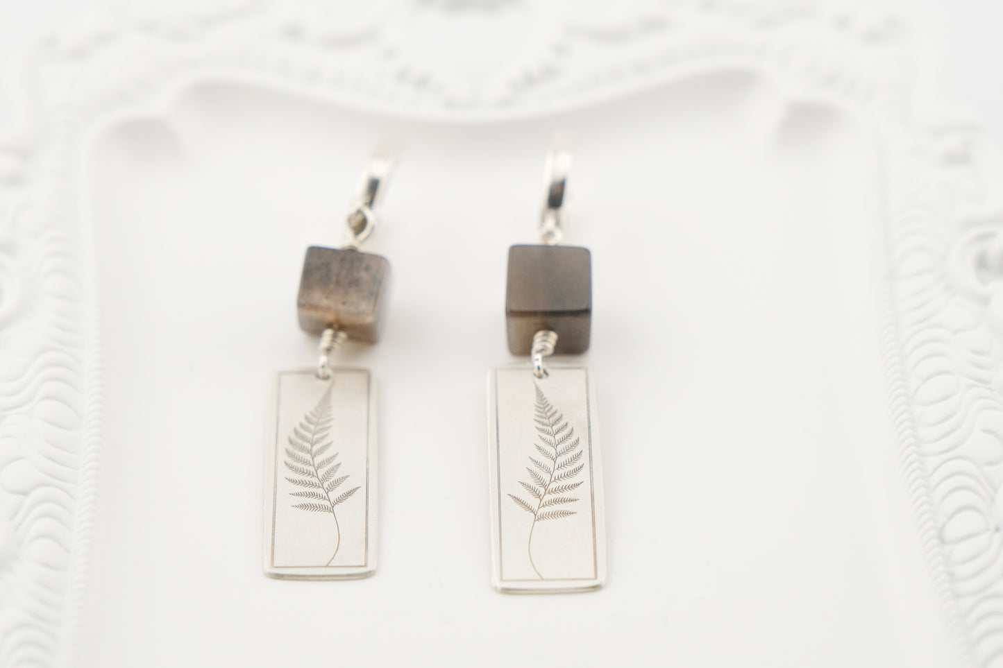 Earrings, Engraved Fern Earrings with Gemstone Beads