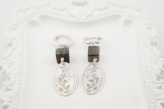 Earrings, Engraved Floral Earrings with Black Moonstone