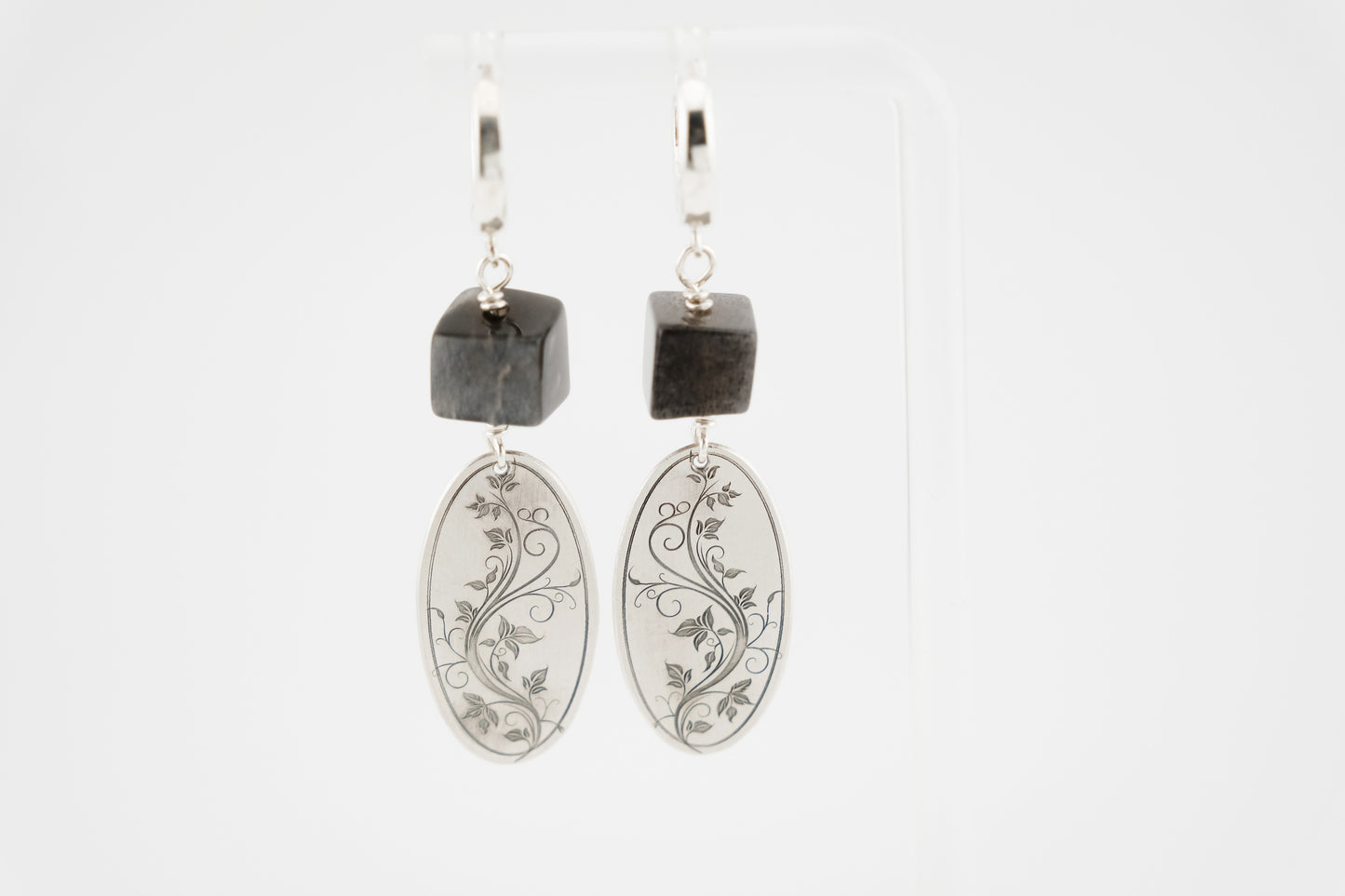 Earrings, Engraved Floral Earrings with Black Moonstone