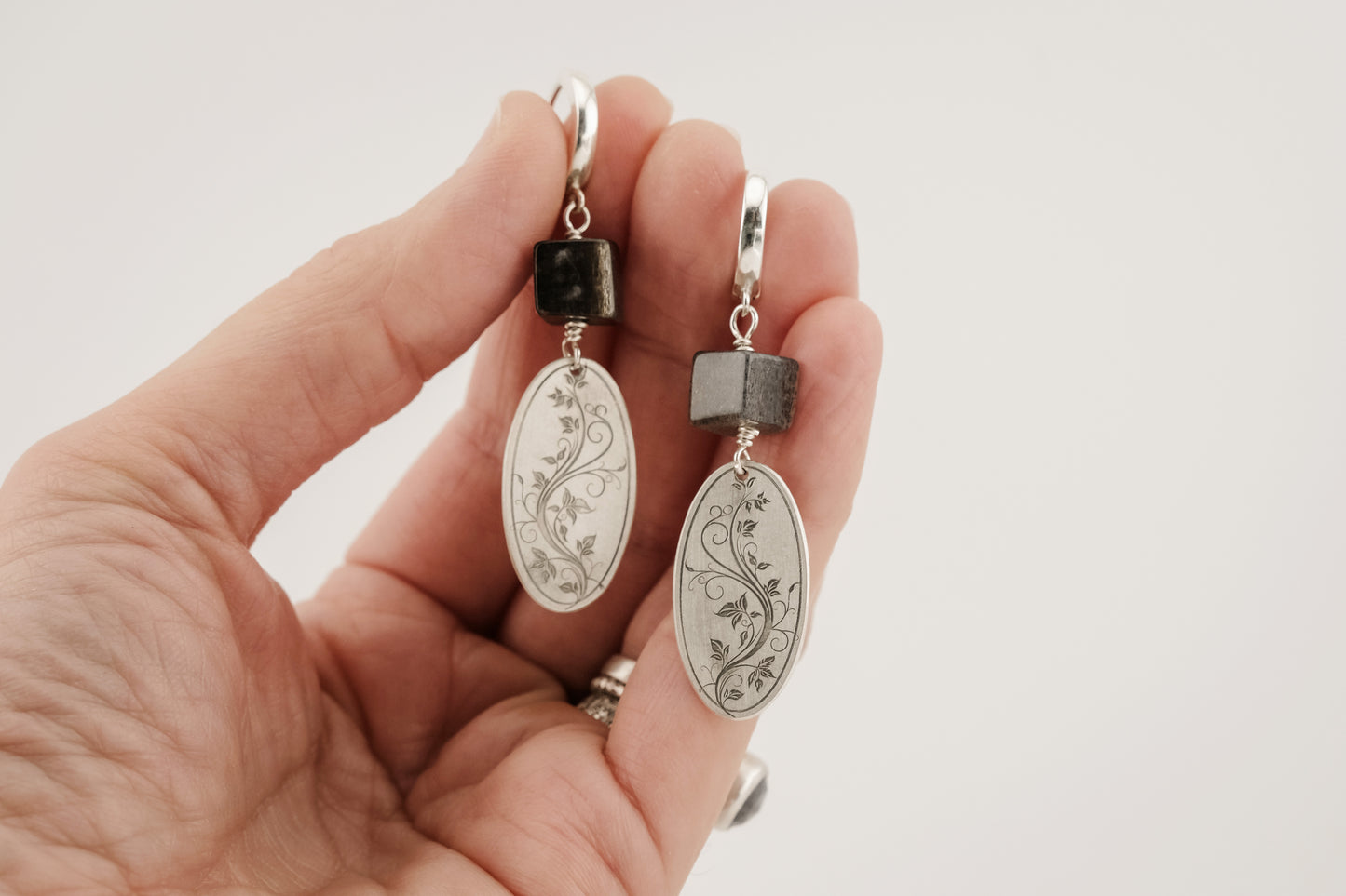 Earrings, Engraved Floral Earrings with Black Moonstone