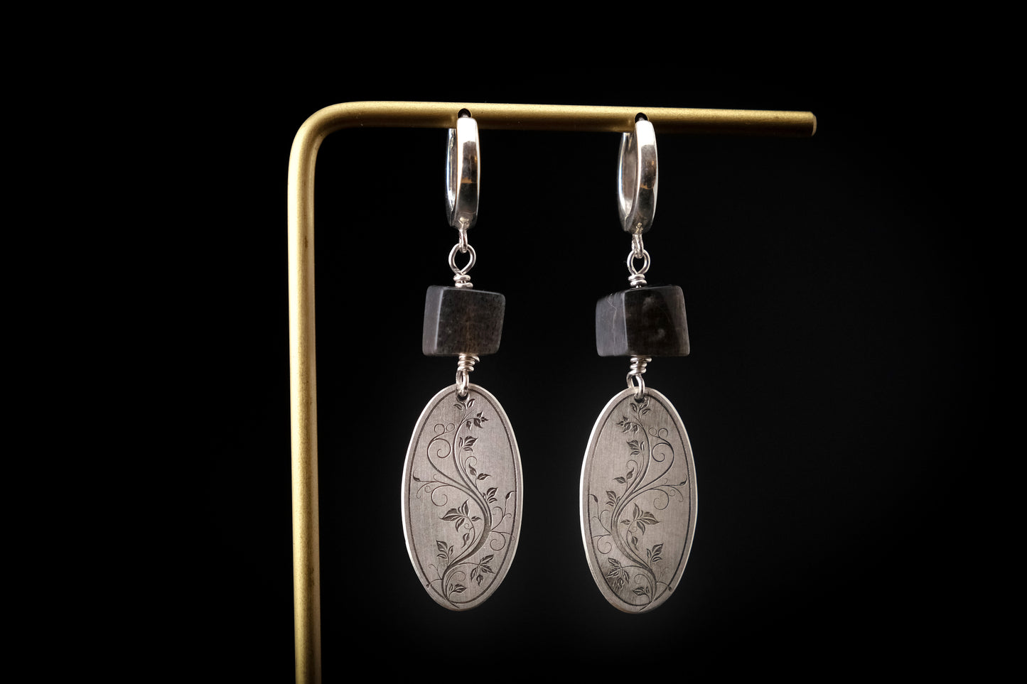 Earrings, Engraved Floral Earrings with Black Moonstone