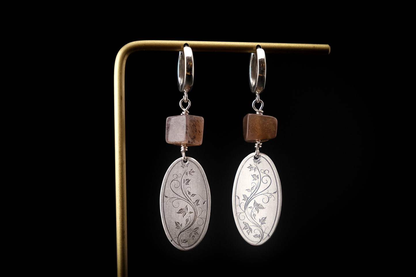 Earrings, Engraved Floral Earrings with Black Moonstone