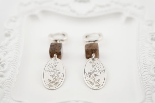 Earrings, Engraved Floral Earrings with Black Moonstone