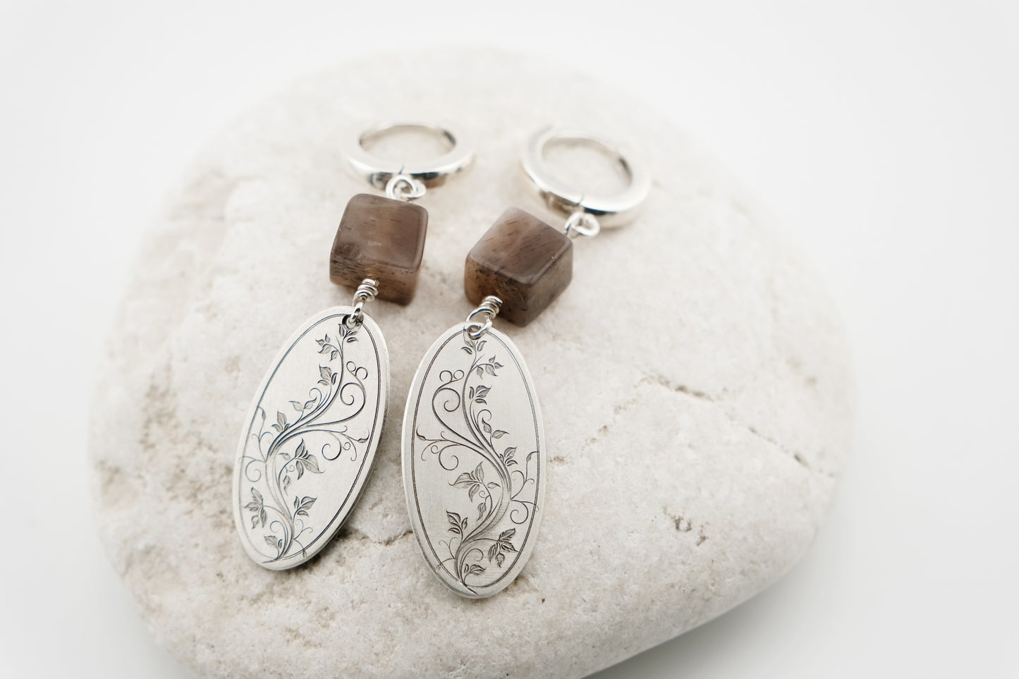 Earrings, Engraved Floral Earrings with Black Moonstone