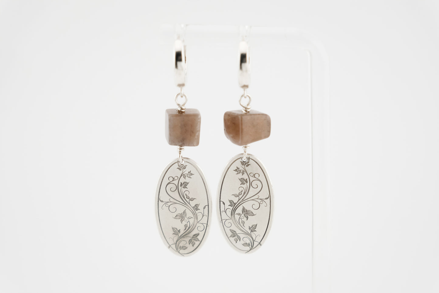 Earrings, Engraved Floral Earrings with Black Moonstone