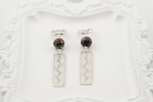 Earrings, Engraved Floral Earrings with Gemstone Beads