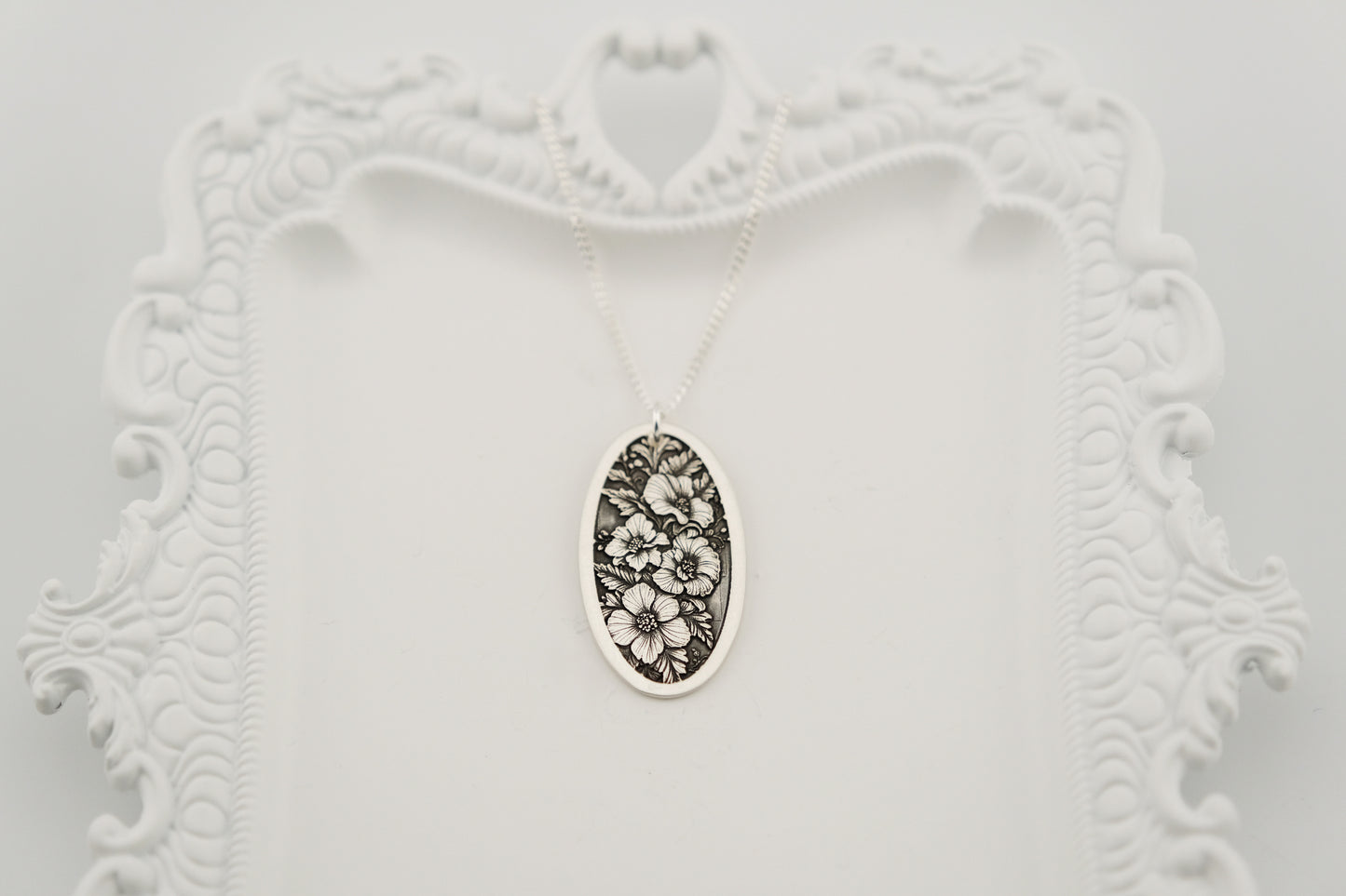 Necklace, Engraved Floral Oval Necklace