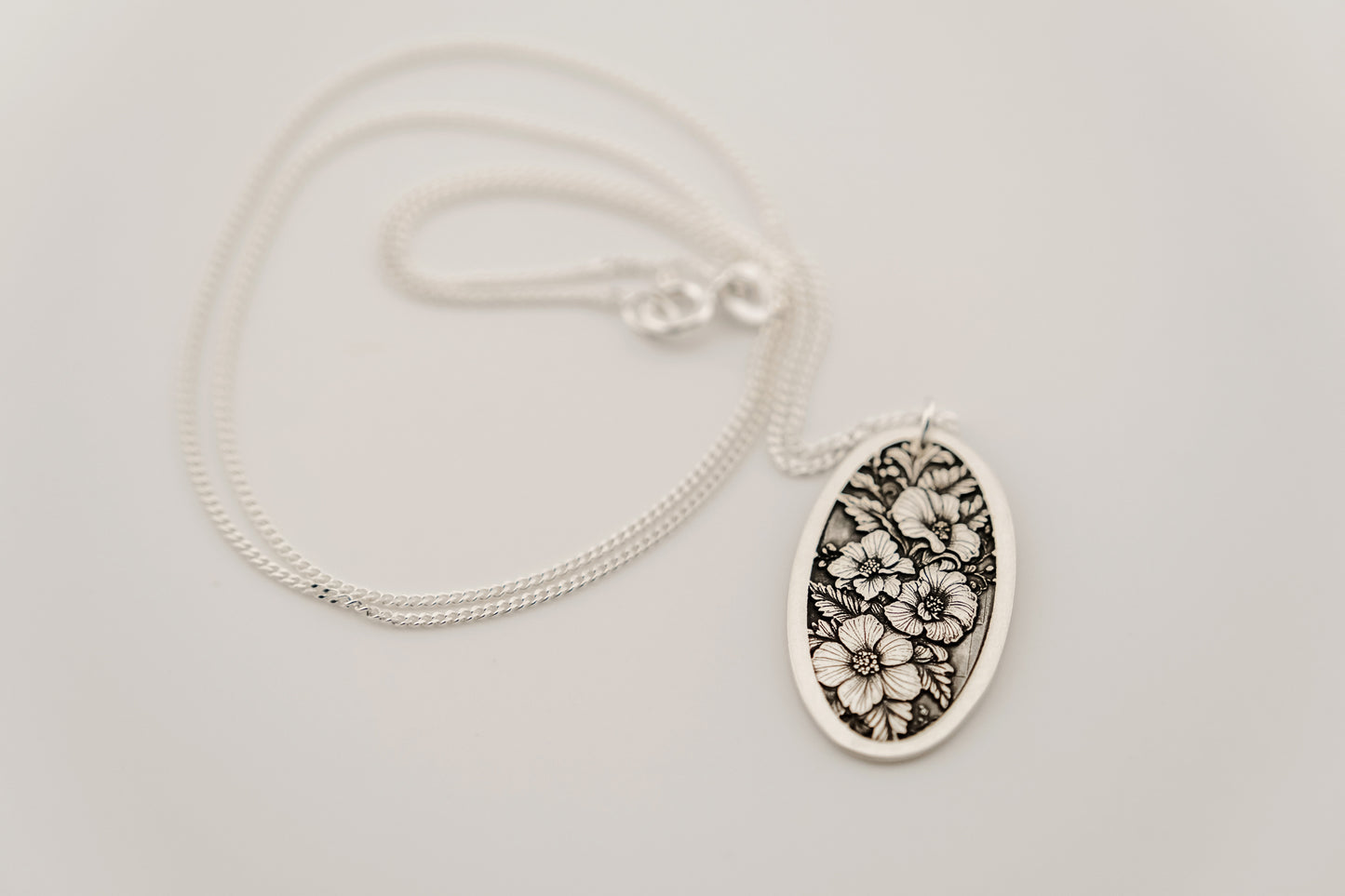 Necklace, Engraved Floral Oval Necklace