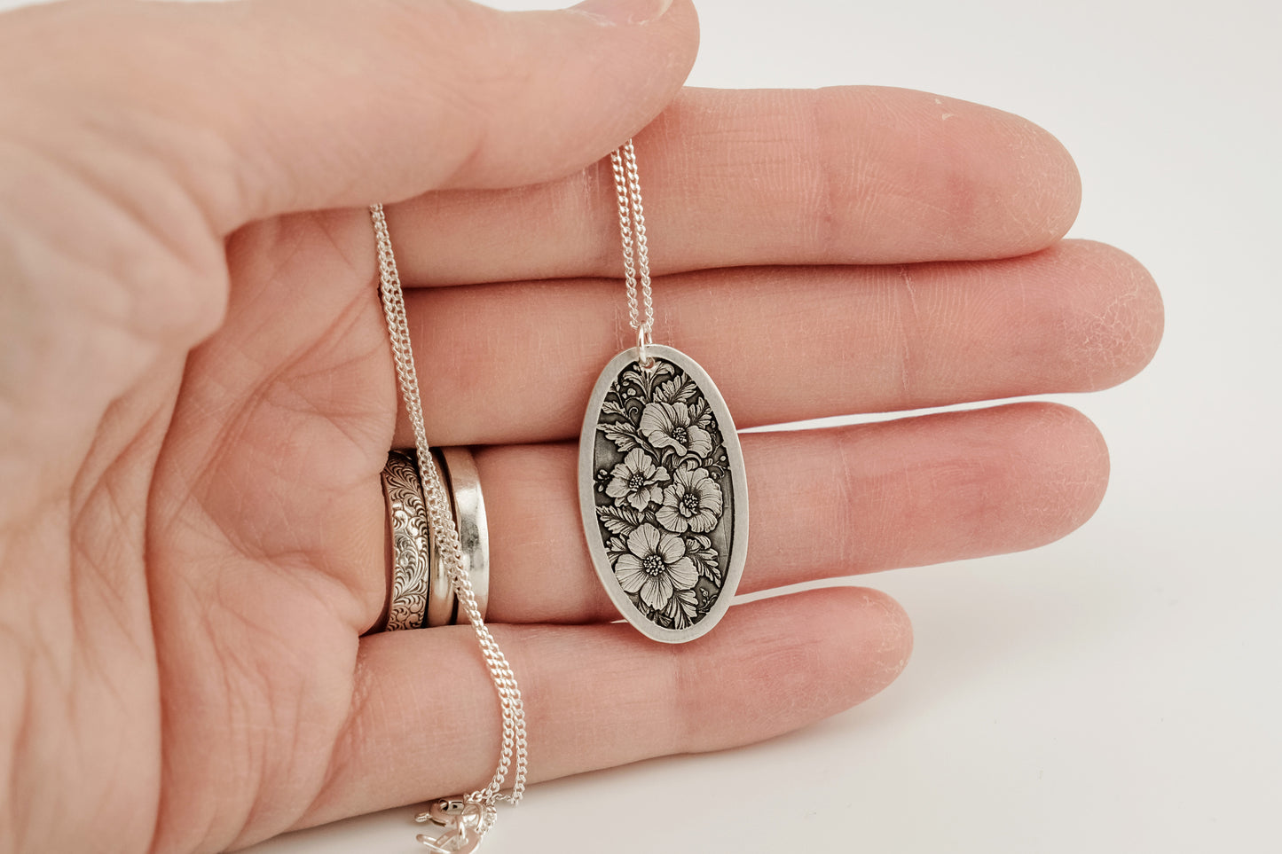 Necklace, Engraved Floral Oval Necklace