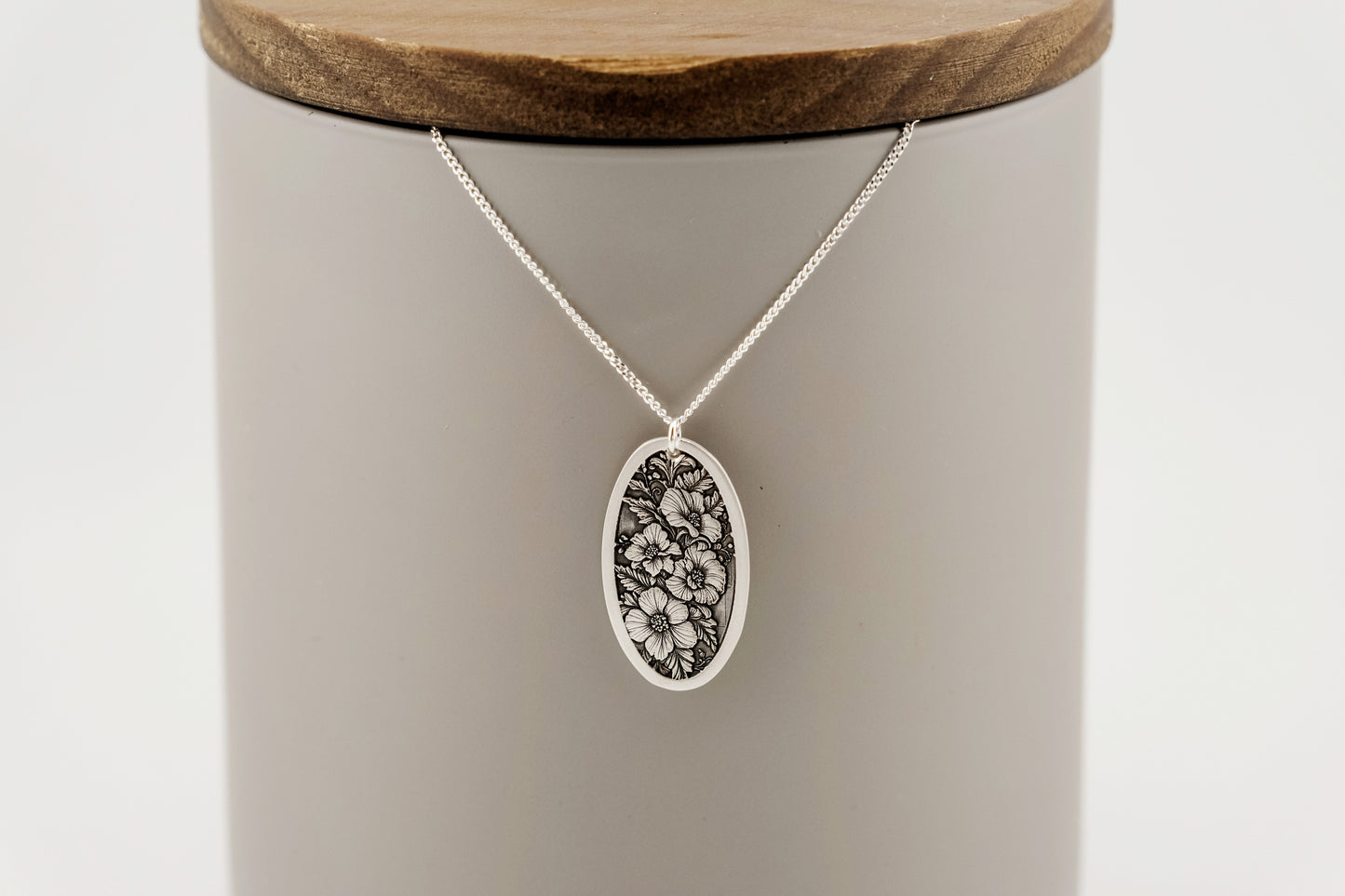 Necklace, Engraved Floral Oval Necklace
