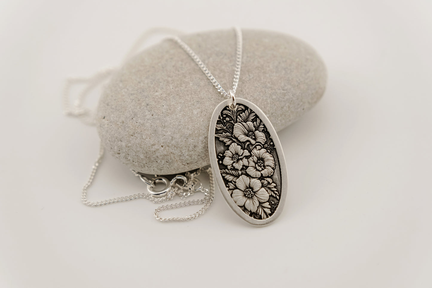 Necklace, Engraved Floral Oval Necklace