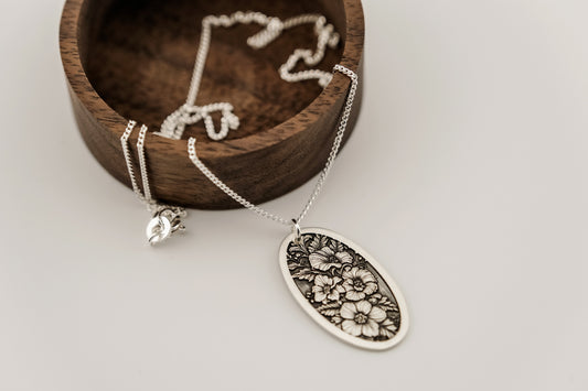 Necklace, Engraved Floral Oval Necklace