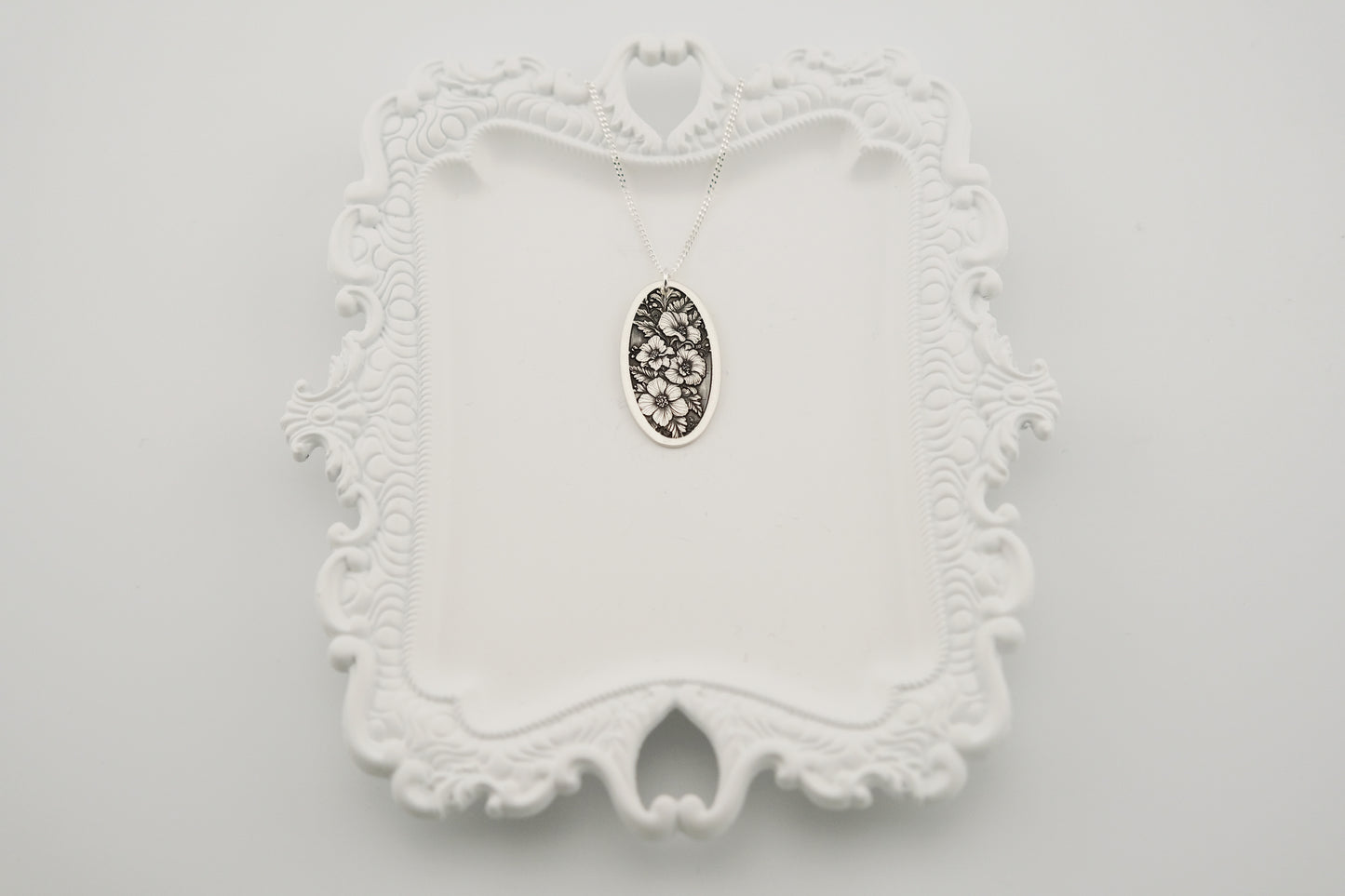 Necklace, Engraved Floral Oval Necklace