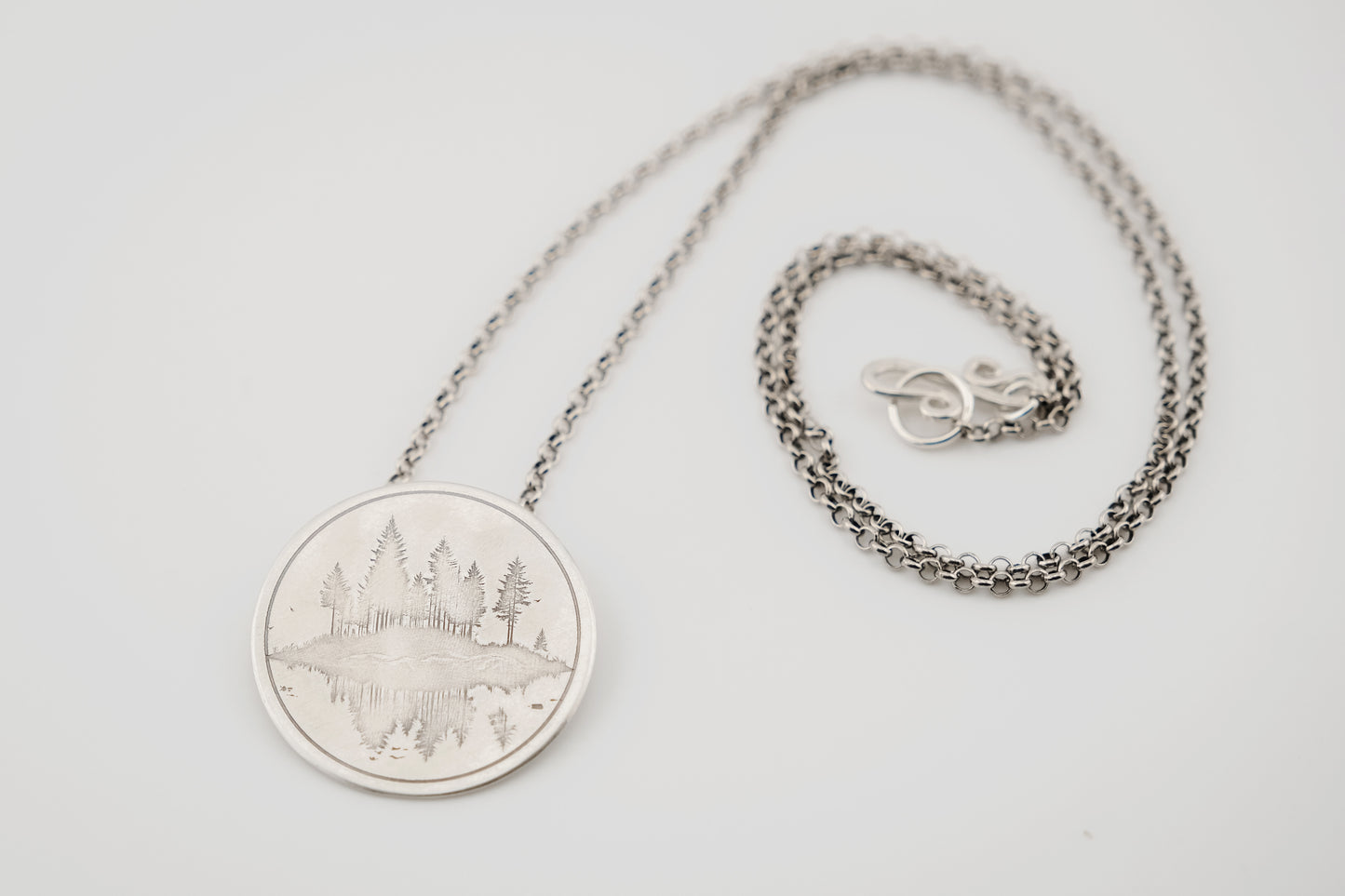 Necklace, Engraved "Forest Reflections" Necklace with hidden bail