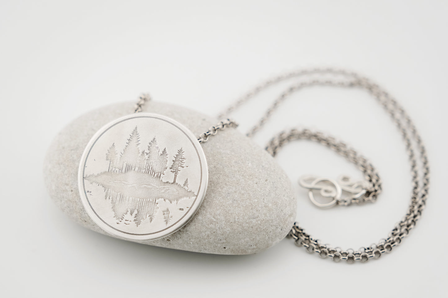 Necklace, Engraved "Forest Reflections" Necklace with hidden bail