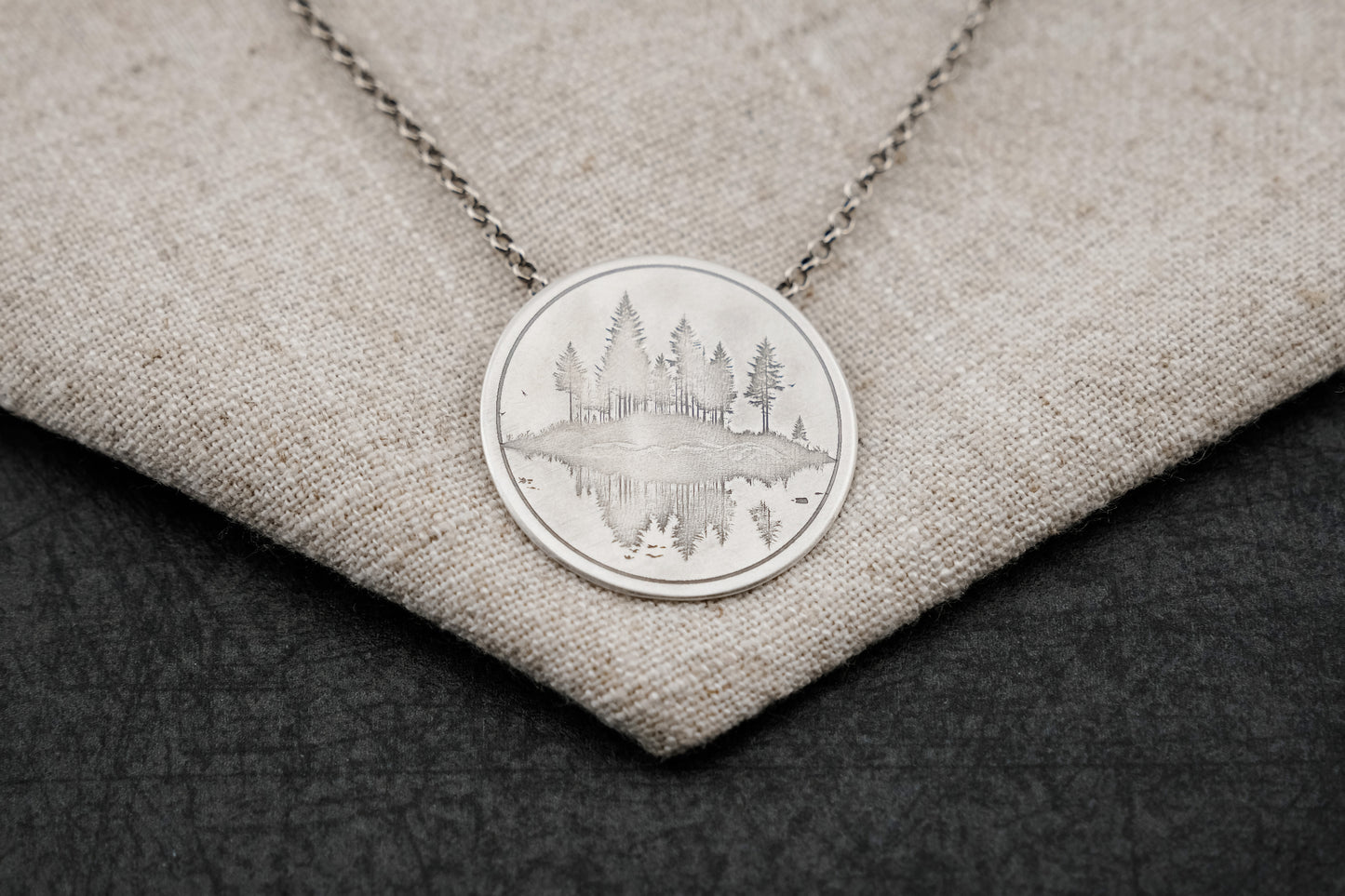 Necklace, Engraved "Forest Reflections" Necklace with hidden bail