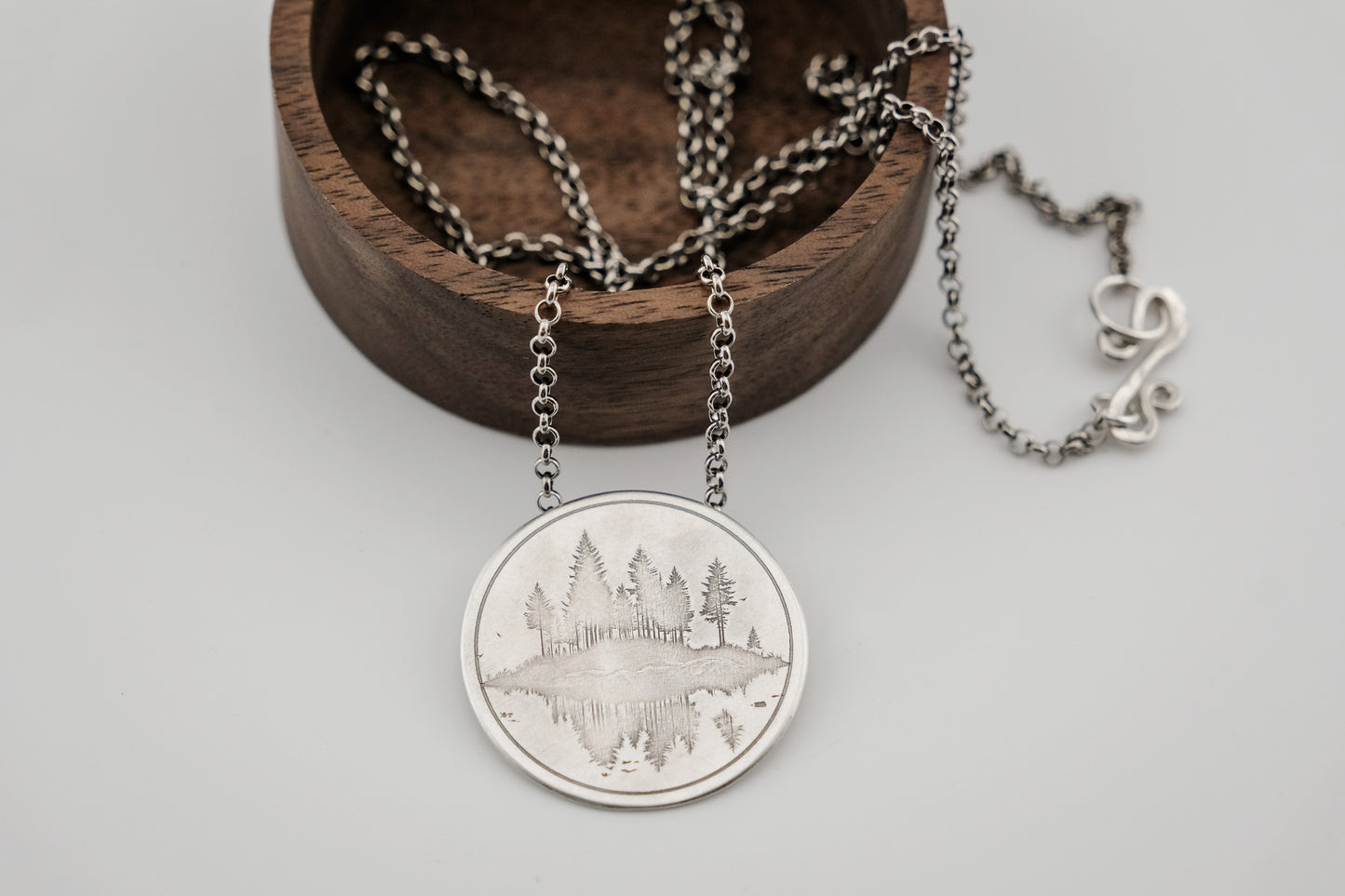 Necklace, Engraved "Forest Reflections" Necklace with hidden bail