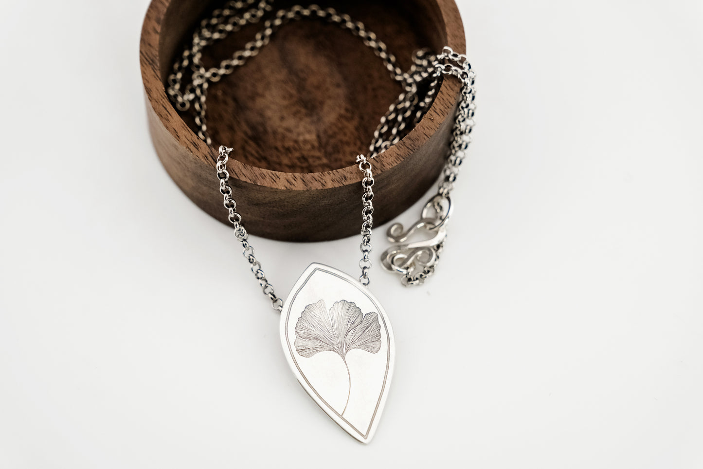 Necklace, Engraved "Ginkgo" Necklace with hidden bail