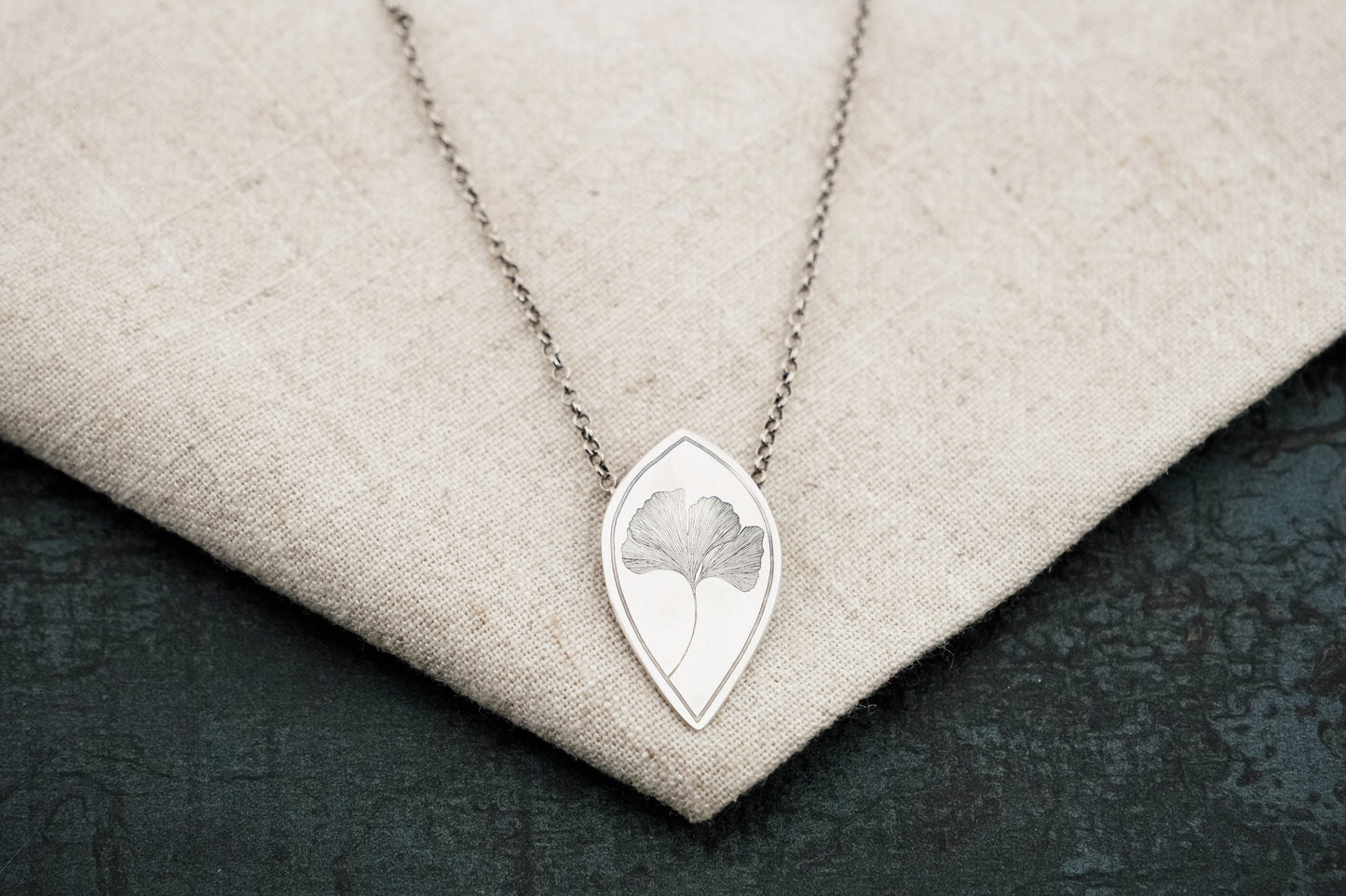 Necklace, Engraved "Ginkgo" Necklace with hidden bail