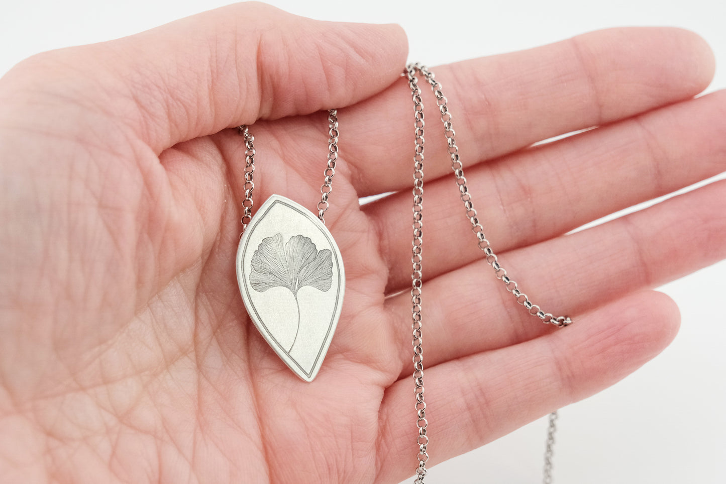 Necklace, Engraved "Ginkgo" Necklace with hidden bail