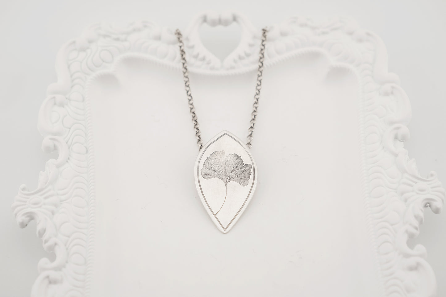 Necklace, Engraved "Ginkgo" Necklace with hidden bail