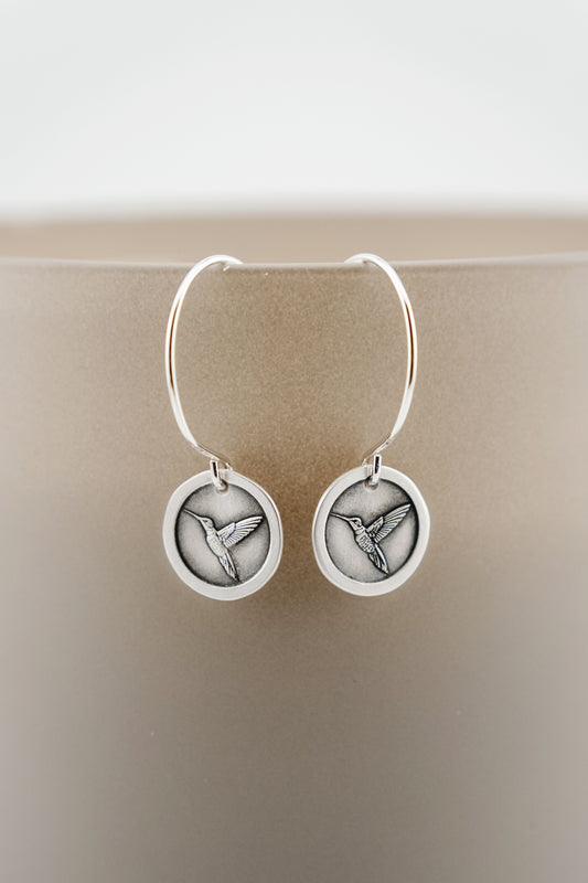 Earrings, Engraved Hummingbird Earrings