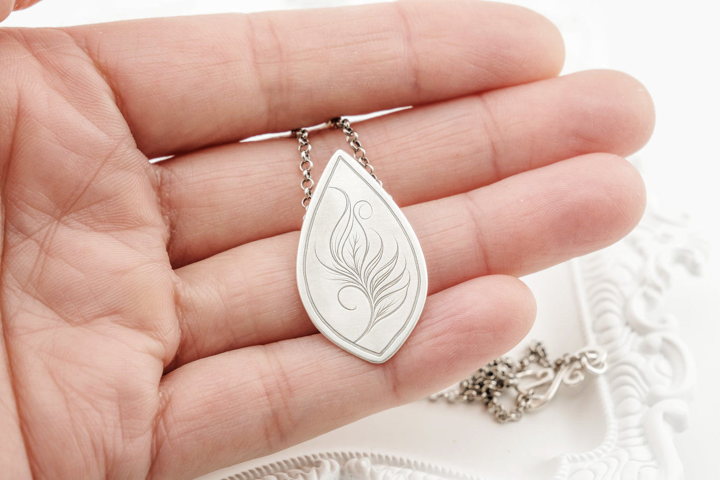 Necklace, Engraved "Leaf Art 10" Necklace with hidden bail