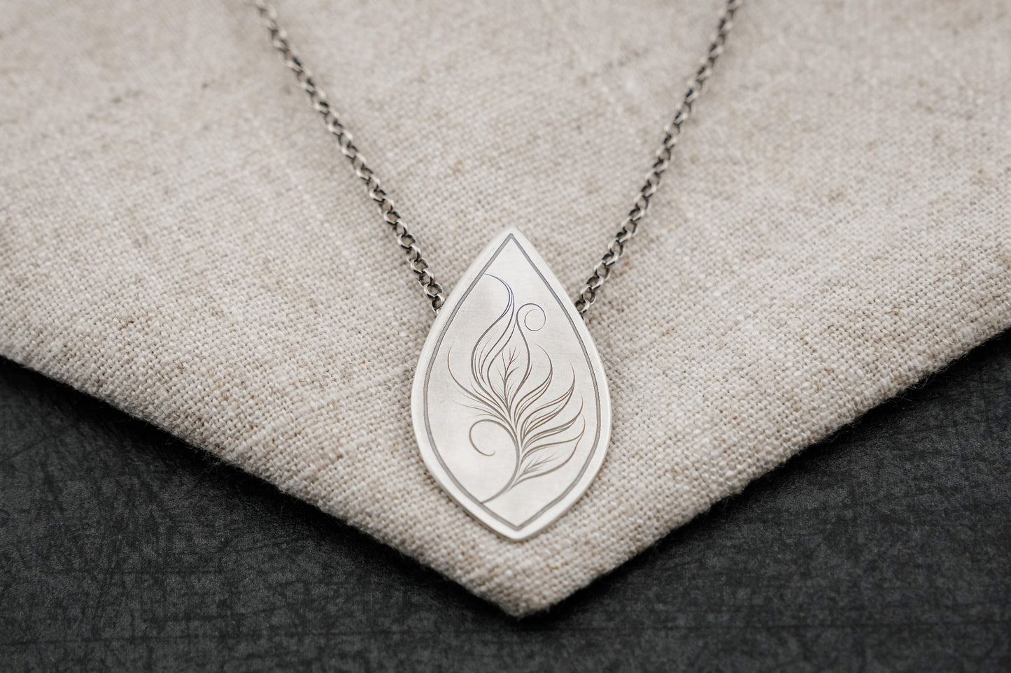 Necklace, Engraved "Leaf Art 10" Necklace with hidden bail