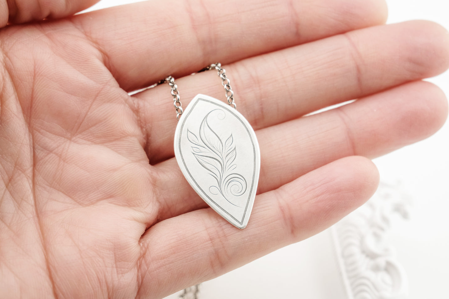 Necklace, Engraved "Leaf Art 3" Necklace with hidden bail