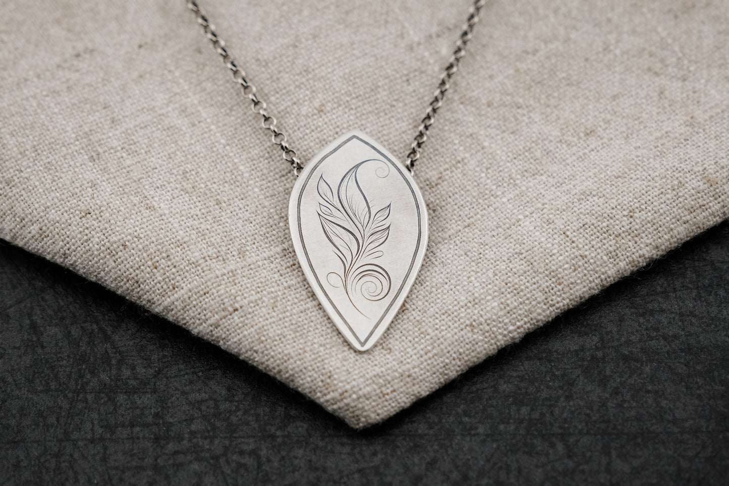 Necklace, Engraved "Leaf Art 3" Necklace with hidden bail