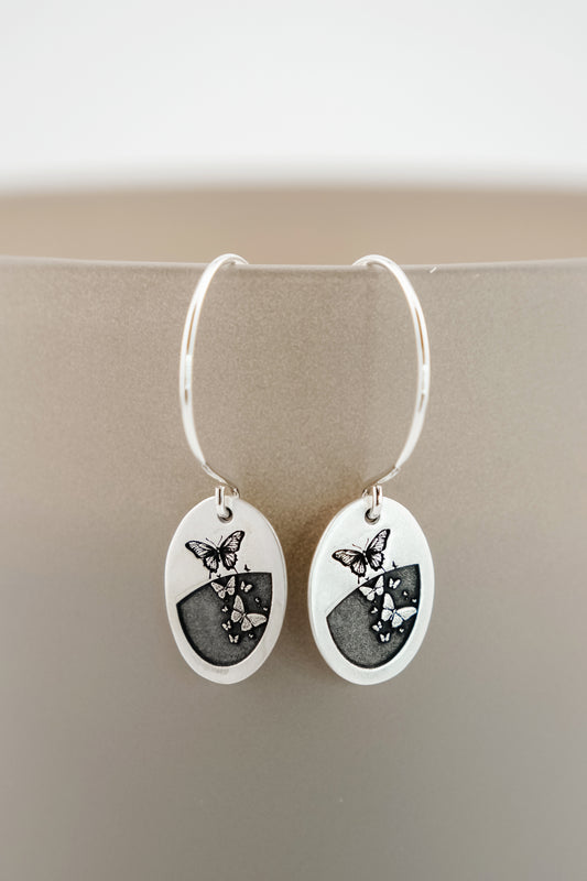 Earrings, Engraved Oval Butterfly Earrings