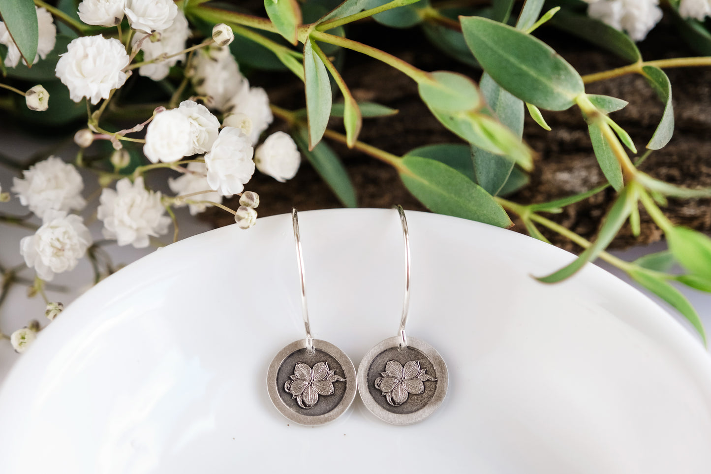 Earrings, Engraved Plumeria Earrings (round)