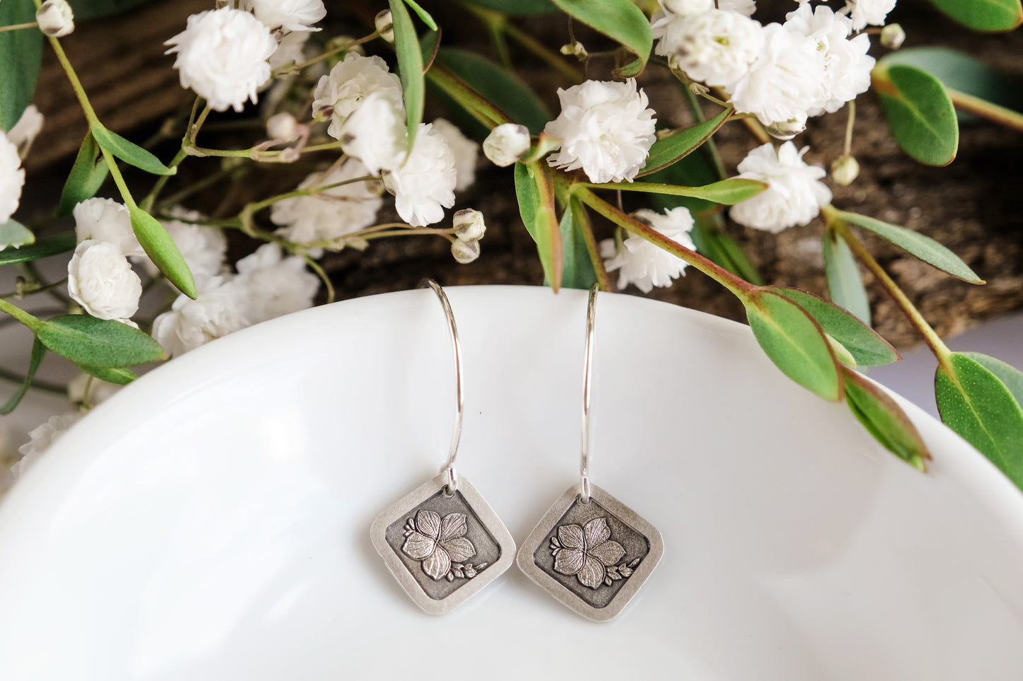 Earrings, Engraved Plumeria Earrings (square)