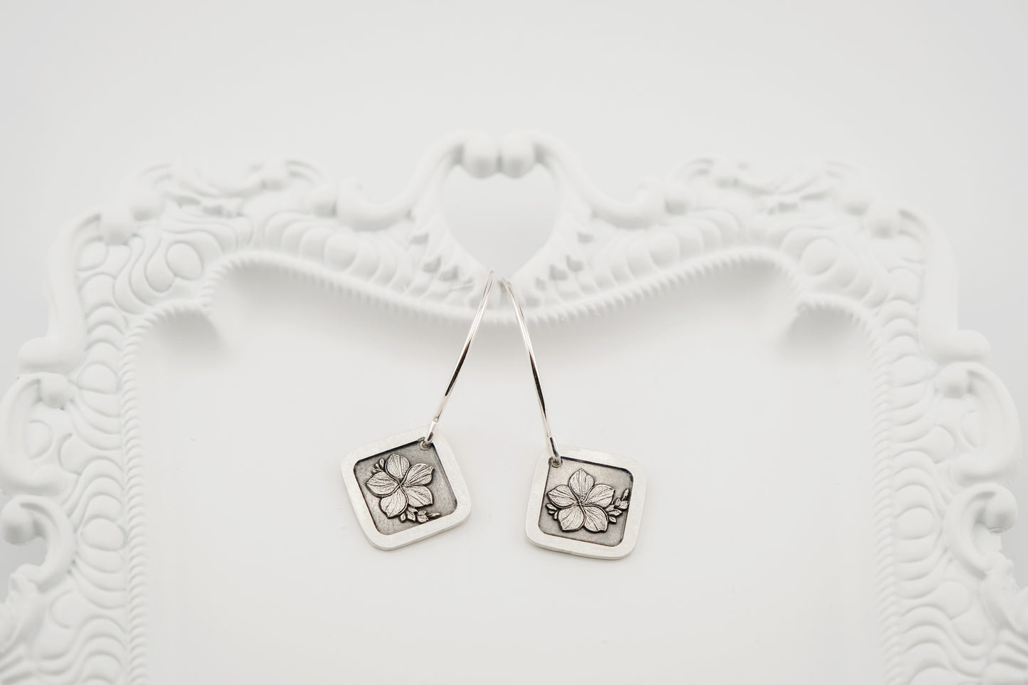 Earrings, Engraved Plumeria Earrings (square)