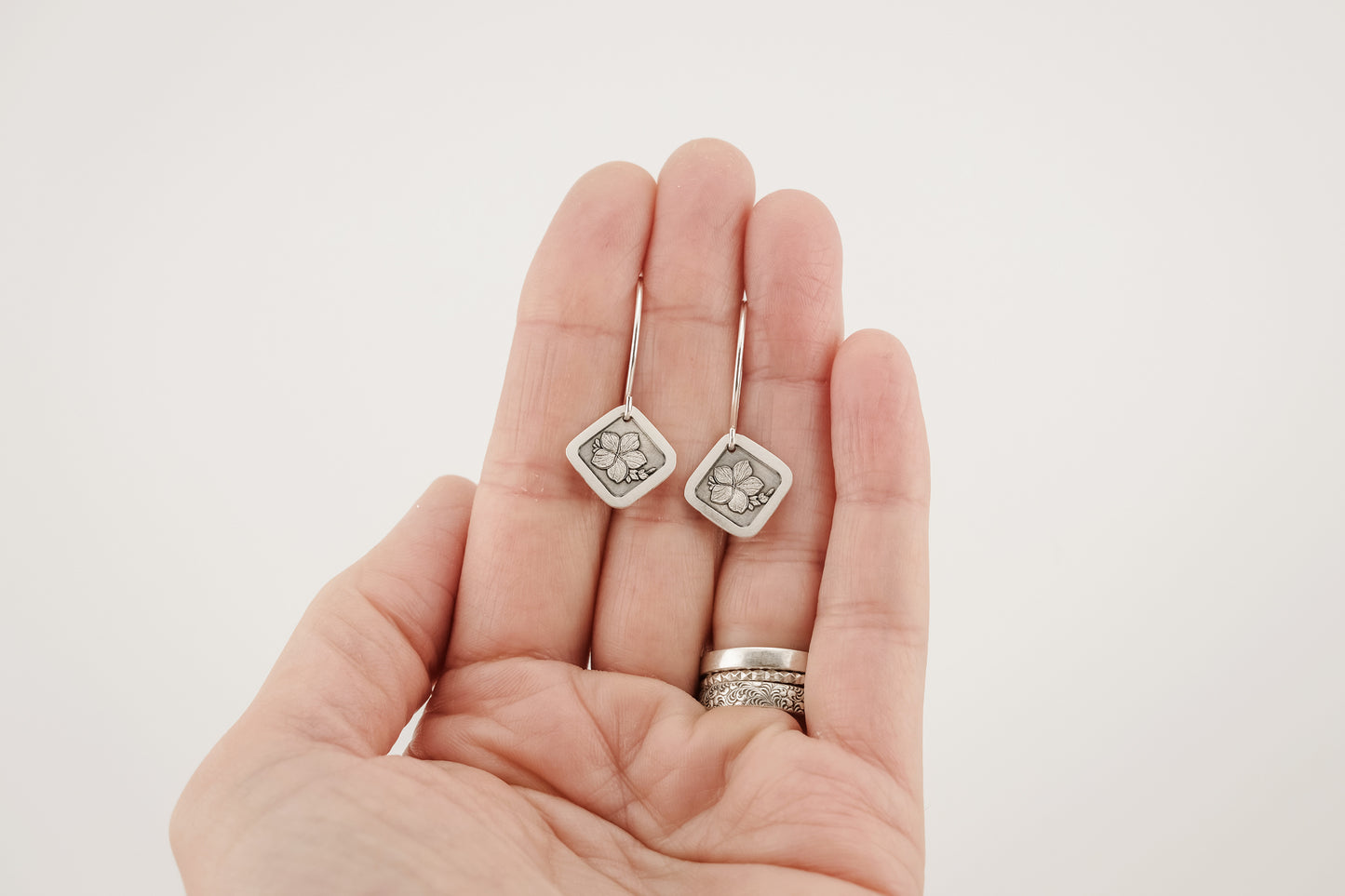 Earrings, Engraved Plumeria Earrings (square)